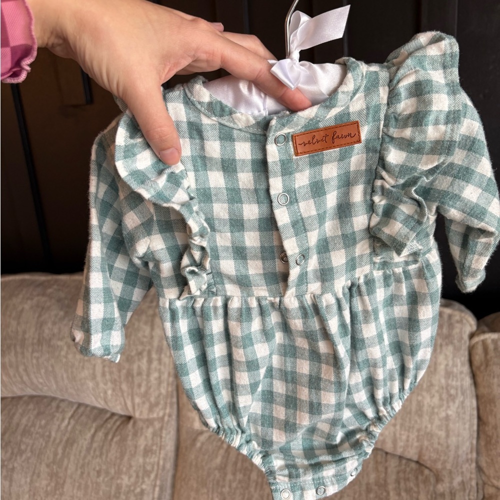 Velvet Fawn Green Checkered Baby Romper